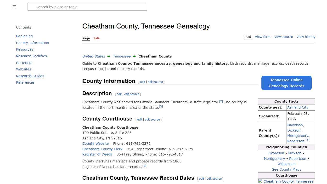 Cheatham County, Tennessee Genealogy • FamilySearch