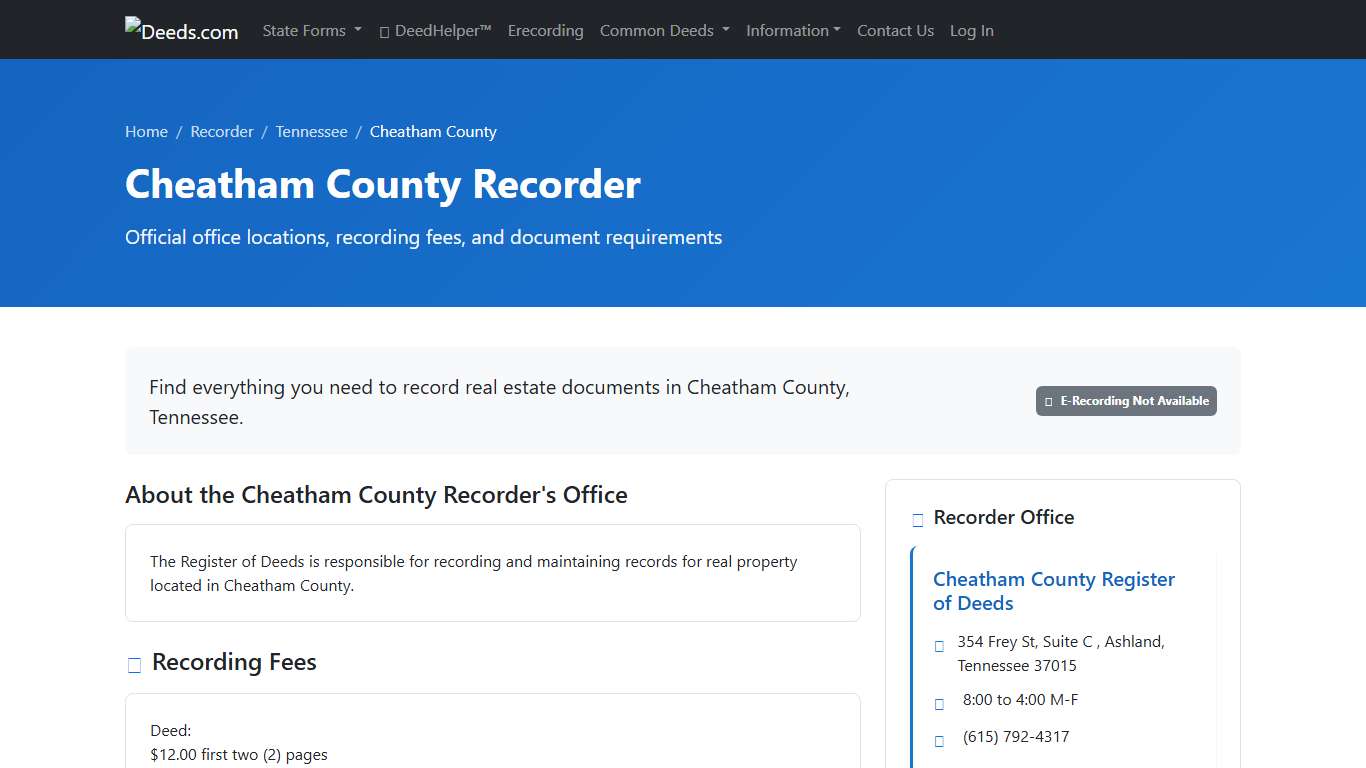 Cheatham County Recorder Information, Tennessee - Deeds.com